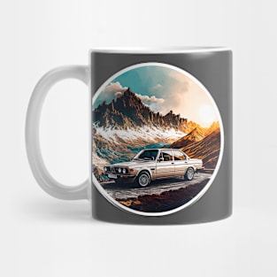 Vintage 70s retro classic car in mountain roads during sunset Mug